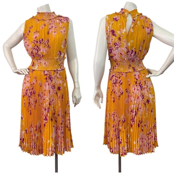 Nanette Lepore Floral Print Pleated Dress Mango Mojito Spring Summer - Picture 1 of 5
